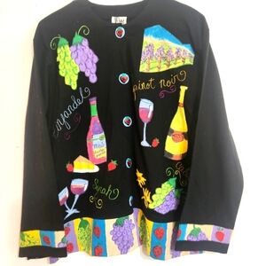 Vintage Handpainted Jacket Patchwork ARTSY WINE bottles, Glasses Grapes XL